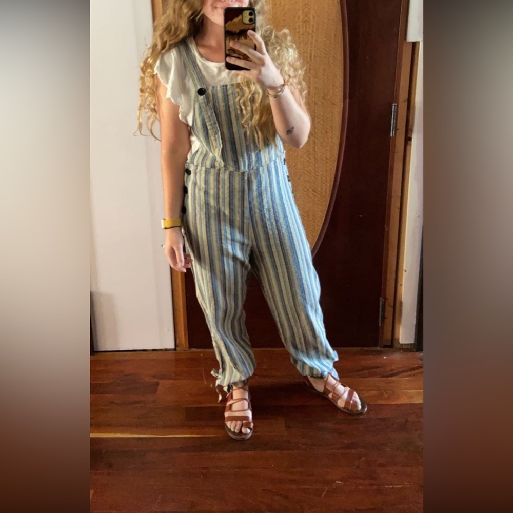 Striped cloth button overalls